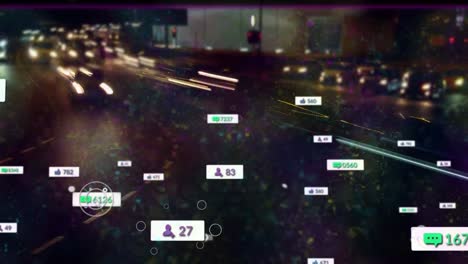 Animation-of-social-media-icons-and-numbers-over-cityscape-on-screen-with-glitch-lines