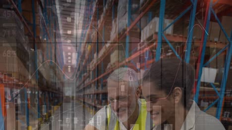 Animation-of-financial-data-processing-over-smiling-man-and-woman-working-in-warehouse