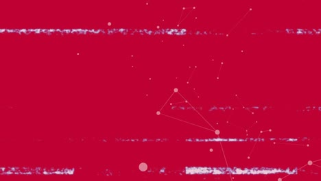 Animation-of-screen-with-glitch-lines-and-network-of-connections-on-red-background