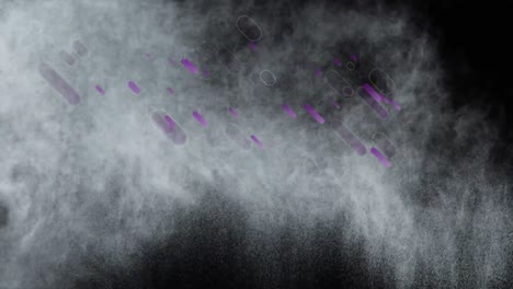 Animation-of-purple-light-trails-falling-over-white-powder-floating-on-black-background