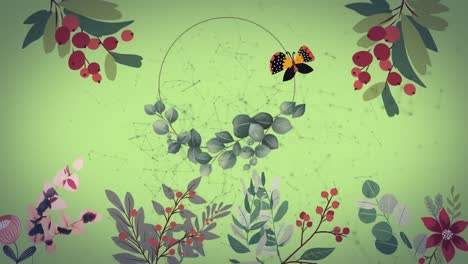 Animation-Von-Blumen,-Beeren,-Blättern-Und-Schmetterlingen-über-Ein-Netzwerk-Von-Verbindungen-Auf-Grün