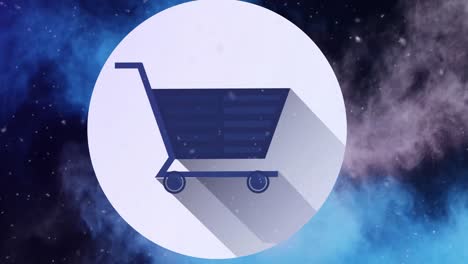 Animation-of-shopping-cart-icon,-over-confetti-and-coloured-powder,-on-black