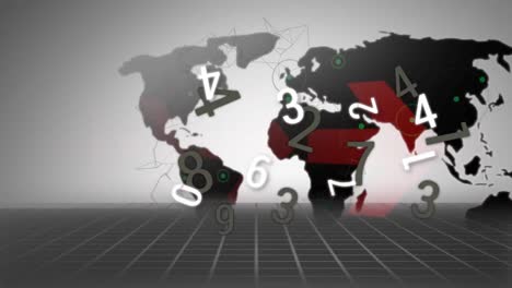 Animation-of-changing-numbers,-over-red-arrows-and-world-map,-on-grey