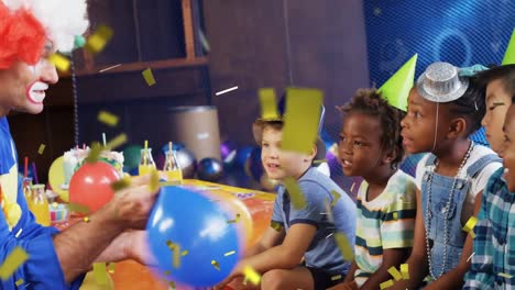 Animation-of-confetti-falling-over-clown-and-children-having-fun-at-party