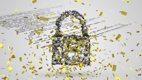 Animation-of-gold-confetti-and-black-network-padlock,-over-text-and-data-on-white