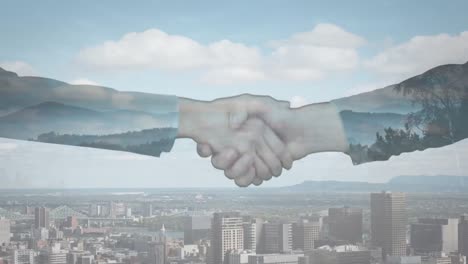 Animation-of-businessman-handshake-over-cityscape