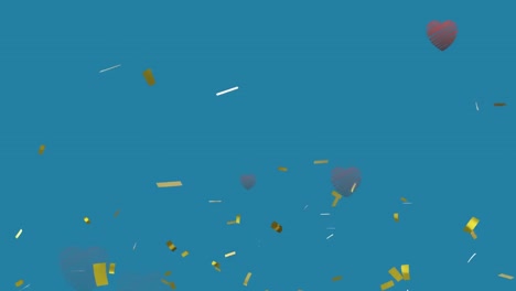 Animation-Von-Goldenem-Konfetti-Und-Grauen-Herzballons,-Die-Auf-Blauen-Hintergrund-Fallen