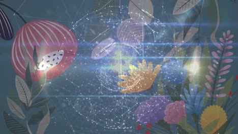 Animation-Eines-Globus-Mit-Netzwerk-Von-Verbindungen-über-Blumen