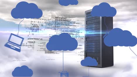 Animation-of-digital-clouds-with-icons-over-computer-server