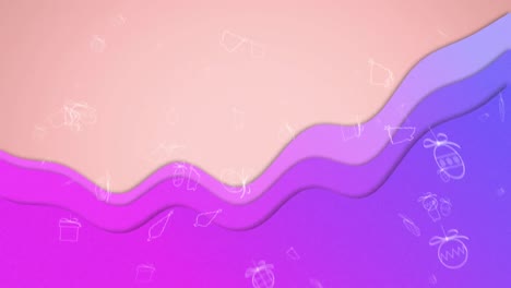 Animation-of-white-christmas-icons-falling-over-purple-waves-on-pink-background