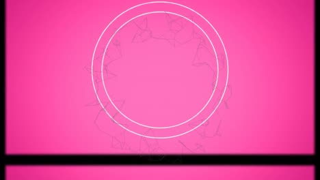Animation-of-white-circle-and-rotating-network-with-moving-frame,-on-pink-background