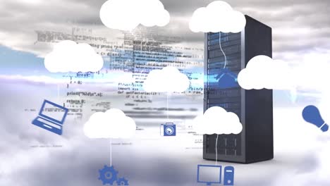 Animation-of-digital-clouds,-data-processing-with-icons-over-computer-server