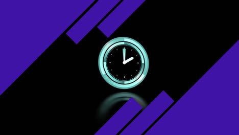 Animation-of-clock-with-turning-hands-and-purple-shapes-on-black-background