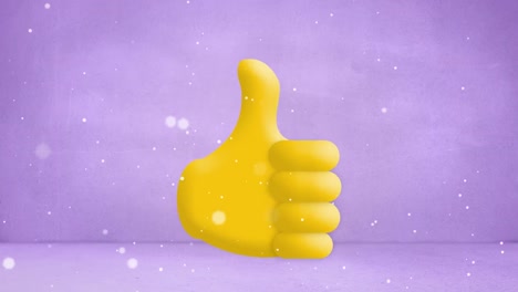 Animation-of-white-spots-of-light-floating-over-yellow-thumb-up-like-emoji-on-pale-purple-background