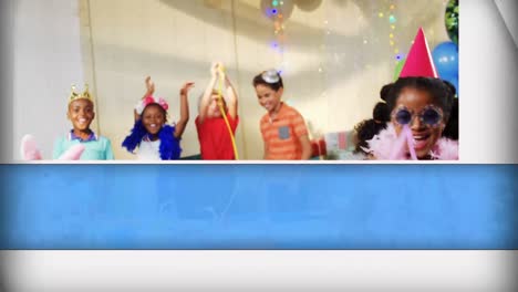 Animation-of-blue-and-white-panel-opening,-with-diverse-happy-children-having-fun-at-party