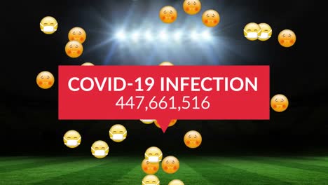 Animation-of-emoticons-in-face-masks-and-increasing-number-of-covid-infections-over-sports-stadium