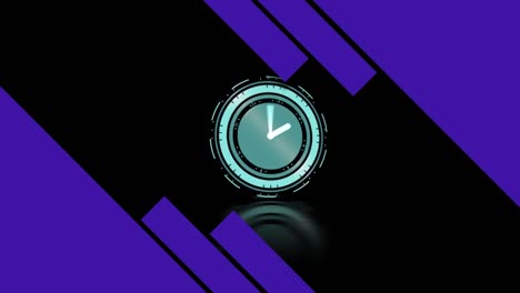 Animation-of-clock-with-turning-hands-and-purple-shapes-on-black-background