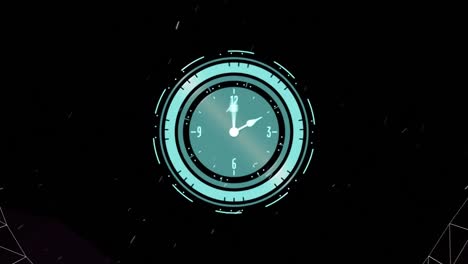 Animation-of-clock-and-digital-tunnel-over-black-background