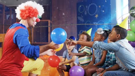 Animation-of-white-confetti-over-diverse-happy-children-and-clown-playing-with-balloons-at-party