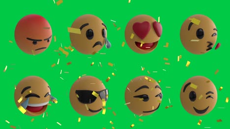 Animation-Von-Konfetti,-Die-über-Emoji-Symbole-Auf-Grünem-Hintergrund-Fallen