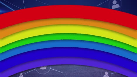 Animation-of-networks-of-connections-with-rainbow-on-blue-background