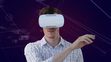 Animation-of-network-of-connections-with-businessman-wearing-vr-headset-in-background