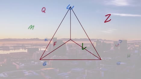 Animation-Bunt-Fallender-Buchstaben-Und-Geometrischer-Formen-über-Dem-Stadtbild