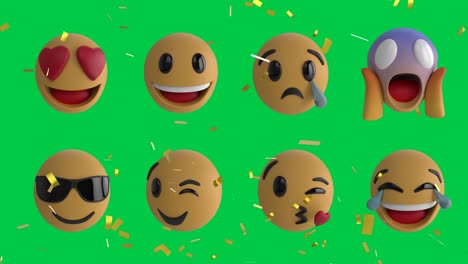 Animation-Von-Konfetti,-Die-über-Emoji-Symbole-Auf-Grünem-Hintergrund-Fallen