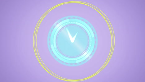 Animation-of-clock-with-turning-hands-and-colourful-shapes-on-lilac-background