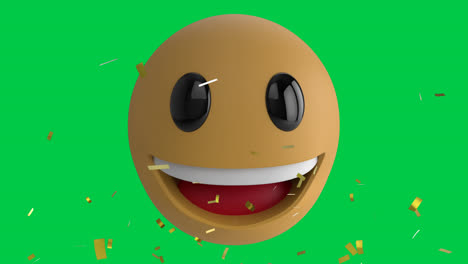 Animation-Von-Konfetti,-Die-über-Das-Lächelnde-Emoji-Emoticon-Symbol-Auf-Dem-Grünen-Bildschirm-Fällt
