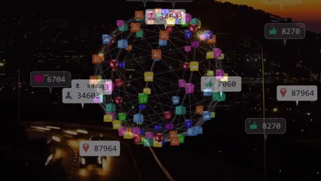 Animation-Eines-Netzwerks-Von-Verbindungen-Mit-Social-Media-Symbolen-Und-Zahlen-über-Dem-Stadtbild