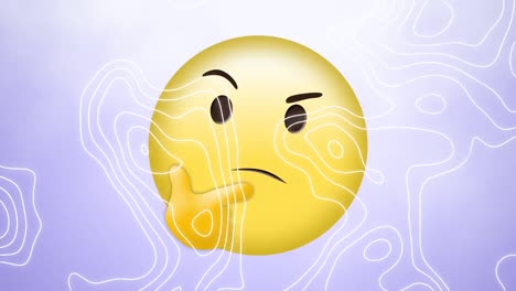 Animation-of-white-contour-lines-moving-over-puzzled-thinking-emoji-on-lilac-background