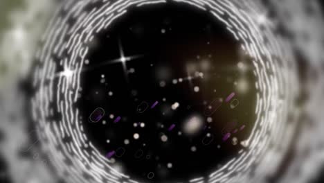 Animation-Violetter-Lichtspuren-über-Rotierenden-Weißen-Ringen,-Mit-Funkelnden-Sternen-Auf-Schwarzem-Hintergrund