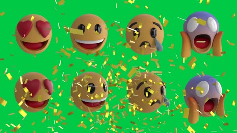 Animation-Von-Konfetti,-Die-über-Reihen-Von-Emoji-Emoticon-Symbolen-Auf-Einem-Grünen-Bildschirm-Fallen