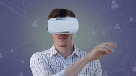 Animation-Eines-Geschäftsmannes-Mit-VR-Headset-Und-Netzwerken-Von-Verbindungen-Auf-Blauem-Hintergrund