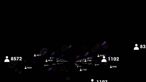 Animation-of-purple-light-trails-over-people-icons-and-data-processing-on-black-background