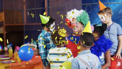 Animation-of-confetti-falling-over-clown-and-children-having-fun-at-party