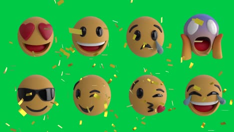 Animation-of-confetti-falling-over-two-rows-of-emoji-emoticon-icons-on-green-screen-background