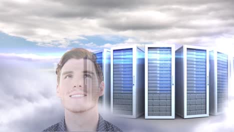 Animation-of-happy-businessman-over-data-processing-and-computer-servers