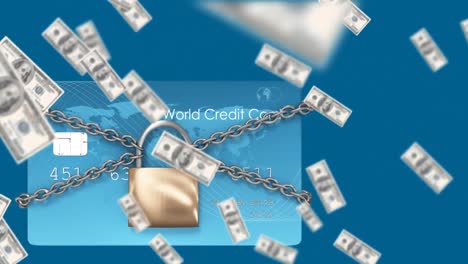 Animation-of-money-floating-over-bank-card-with-padlock-and-chains