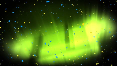 Colorful-confetti-falling-over-neon-green-light-trails-moving-against-black-background