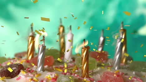 Animation-of-confetti-falling-over-birthday-candles