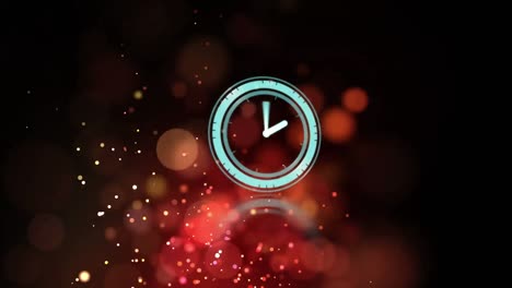 Animation-of-clock-moving-fast-on-black-background-with-red-lights