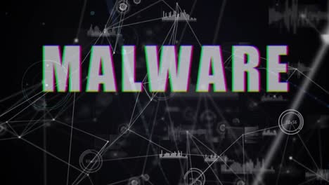 Animation-of-network-of-connections,-diverse-data-and-malware-text-on-black-background