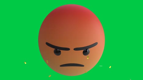 Animation-Von-Konfetti,-Die-über-Das-Wütende-Emoji-Emoticon-Symbol-Auf-Grünem-Hintergrund-Fällt