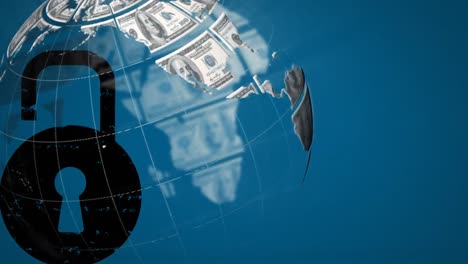 Animation-of-globe-made-of-money-rotating-over-padlock