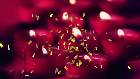 Animation-of-golden-confetti-falling-over-red-candles