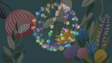 Animation-of-network-of-connections-with-icons-over-flowers