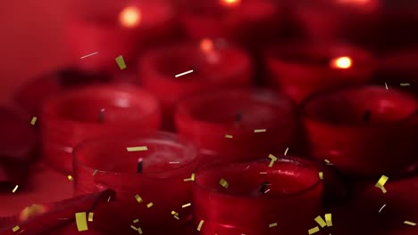 Digital-composition-of-golden-confetti-falling-over-multiple-burning-candles-against-red-background
