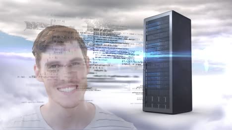 Animation-of-happy-businessman-over-data-processing-and-computer-server